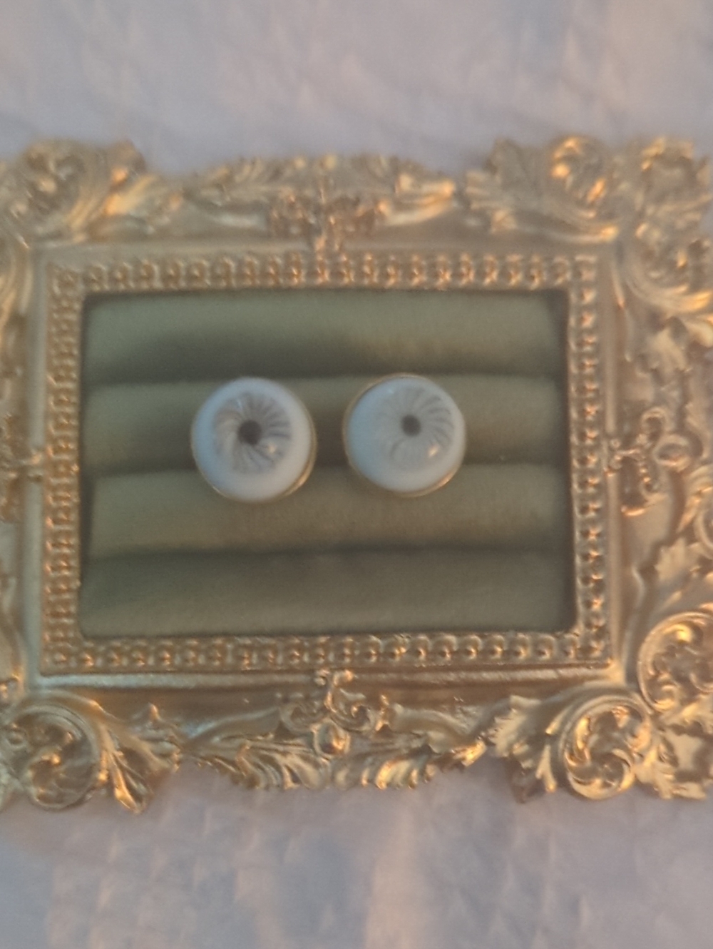 Vintage White Glass Button Earrings - Gold Trim